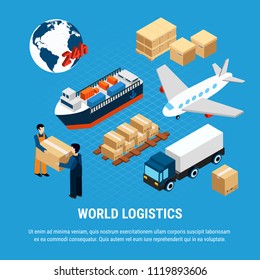 Various kinds of logistics freight transport and delivery service worker set isolated on blue background 3d isometric vector illustration