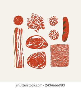 Various kinds of meat. Bacon with steaks and meatballs with sausage