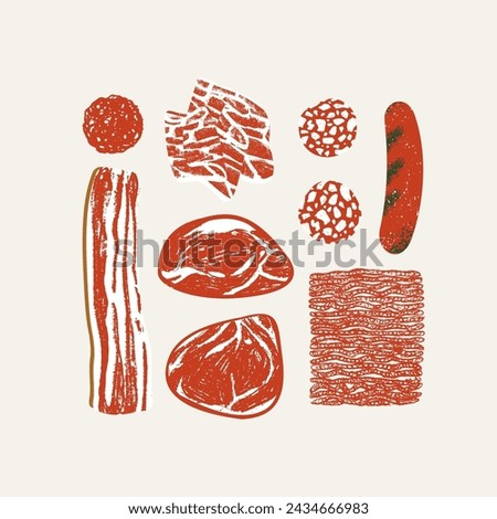 Various kinds of meat. Bacon with steaks and meatballs with sausage