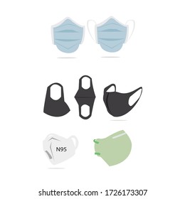 
various kinds of medical or surgical face masks. Virus protection. illustration of respirator breathing max. health care cocept.vector.