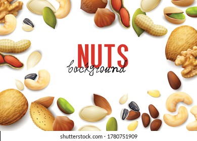 Various kinds of nuts on chalkboard background realistic vector illustration