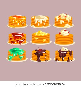 Various kinds of pancakes with different ingredients, traditional breakfast food with berries, syrup, butter set of vector illustrations
