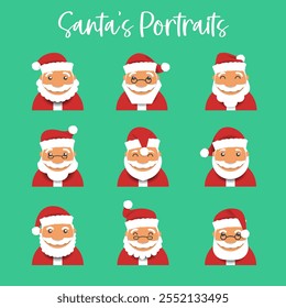 various kinds of Santa portraits with different hat positions and expressions