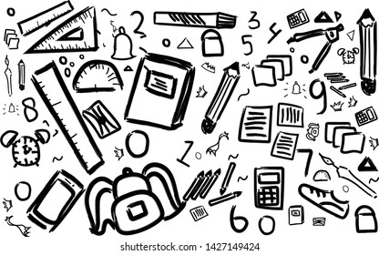 Various kinds of school tools are drawn by small children - Vector Illustration