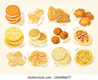 Variados tipos y formas de tortitas de diferentes países del mundo. Imágenes vectoriales aisladas