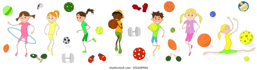 
Various kinds of sports are engaged in children. Sports shells. A set of elements. A vector illustration.