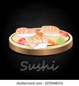 Various kinds of sushi served on wood desk black background isolated.