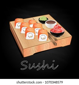 Various kinds of sushi served on wood desk black background isolated.
