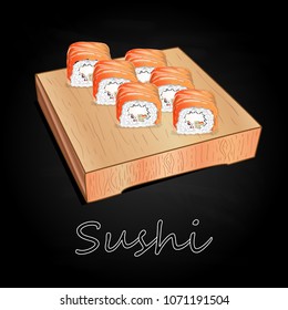 Various kinds of sushi served on wood desk black background isolated.