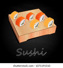 Various kinds of sushi served on wood desk black background isolated.