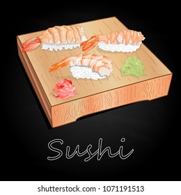 Various kinds of sushi served on wood desk black background isolated.