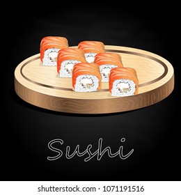Various kinds of sushi served on wood desk black background isolated.