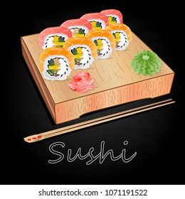 Various kinds of sushi served on wood desk black background isolated.