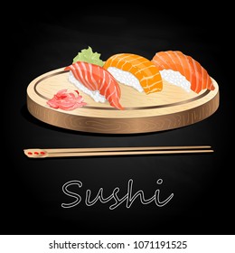 Various kinds of sushi served on wood desk black background isolated.