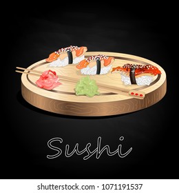 Various kinds of sushi served on wood desk black background isolated.