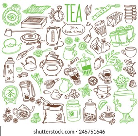  Various kinds tea  ingredients   devices for tea making  Set doodles  hand drawn simple sketches  Vector isolated white background for cafe menu  fliers  chalkboard 