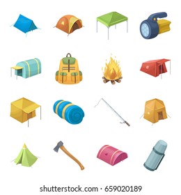 Various kinds of tents and other tourist accessories. The tent set collection icons in cartoon style vector symbol stock illustration web. - Shutterstock ID 659020189