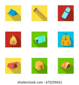 Various kinds of tents and other tourist accessories. The tent set collection icons in flat style vector symbol stock illustration web.