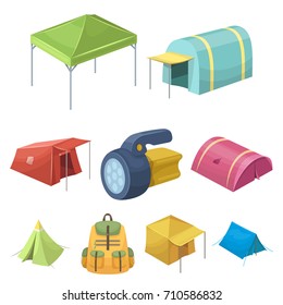 Various kinds of tents and other tourist accessories. The tent set collection icons in cartoon style vector symbol stock illustration web.
