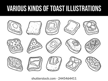 Various kinds of toast vector outline sketch illustration set