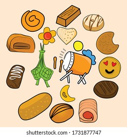 various kinds of typical cake vectors provided on Eid al-Fitr along with the victory drum