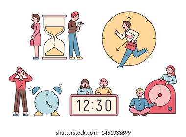 various kinds of watches and people. flat design style minimal vector illustration.