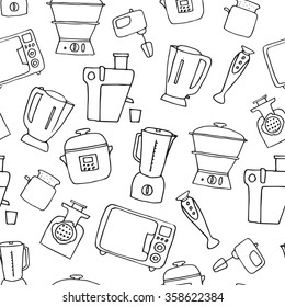 various kitchen appliances. hand drawn house appliances doodles seamless pattern