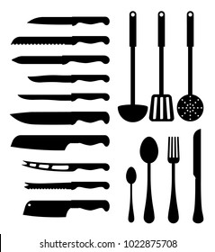 Various kitchen instruments vector illustration with black spoons, fork and soup ladle, set of knives with various blades isolated on white background