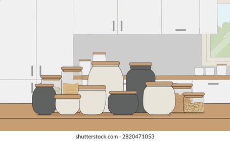 Various kitchen jars and canisters arranged on a wooden countertop in a modern home.