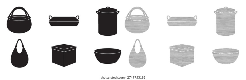 Various kitchen pots pans and storage boxes, silhouette and textured icons, home equipment