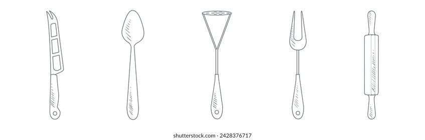 Various Kitchen Tools and Equipment for Cooking Linear Vector Set