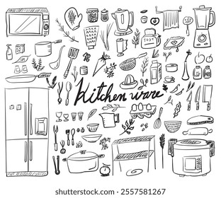 Various kitchen tools and ingredients in a doodle style