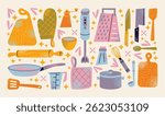 Various kitchen utensils cutting boards, gloves, knife, whisk, frying pan, salt, cup, and measuring cup. Flat vector illustration. Cooking tools and kitchen