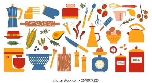 Various kitchen utensils and household appliances. Accessories, tools and ingredients for cooking. Kitchenware. Vector hand drawn illustratration in flat cartoon style. Isolated on white background.