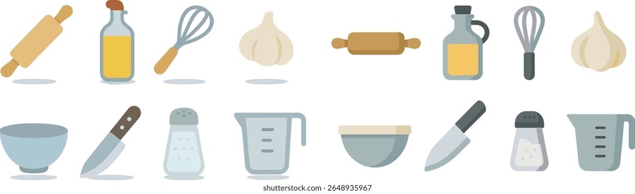 Various kitchen utensils and ingredients are neatly laid out on a clean countertop. Items include a rolling pin, whisk, garlic, oil, and measuring tools, suggesting a cooking preparation setup.