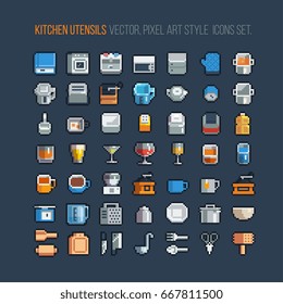 various kitchen utensils isometric icons with black outline, small simple 16x16 pixels sprites set for game developer, pixel art style style design vector illustration, isolated on background.
