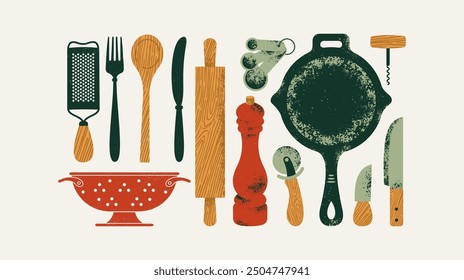 Various kitchen utensils. Pepper pot with grater and colander with wooden spoon and various knives. Vector illustration.