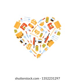 Various Kitchen Utensils in Shape of Heart Vector Illustration