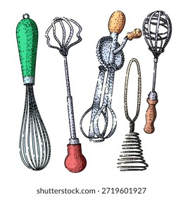 Various kitchen whisks and rotary beaters arranged on white background, showing manual and electric baking tools and utensils for mixing, whisking, and food preparation