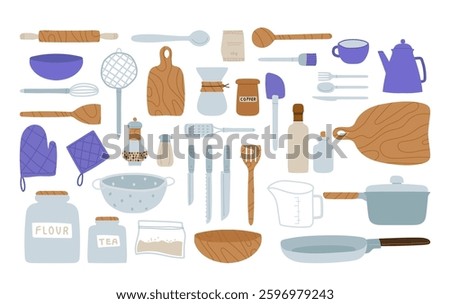 Various kitchenware items, cooking supplies, food preparation utensils and ingredients household isolated set. Different cookware, cutlery and domestic equipment culinary vector illustration