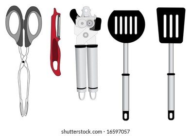 Various kitchenware (tongs, peeler, egg flip, can opener) - vector