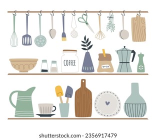 Various kitchenware and utensils doodles for food and drink preparation on shelves and hanging on hooks vector illustration. Kitchen interior design with household equipment, seasoning for cooking