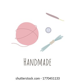 Varias herramientas de tejido. Tejidos de lana, tejidos, herramientas, tijeras, hilados, hilos. Logotipo preparado para su diseño. Aislado sobre fondo blanco. Diseño plano con estilo de caricatura.