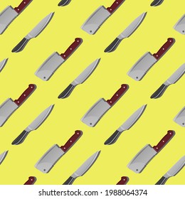 Various Knives. Cutlery set. Kitchen utensils. Side view. Hand drawn Vector ill on yellow background. Square seamless Pattern