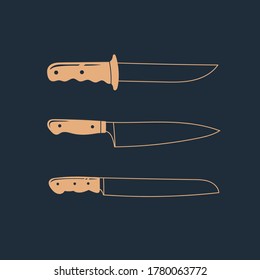 Verschiedene Messer. Unterschiedliche Formen. Kuppelbesteck. Küchenutensilien. Seitenansicht. Handgezeichnete Vektorgrafik. Alle Elemente sind isoliert. Cool einfaches Design. Tattoo oder Print-Idee. schwarzer Hintergrund