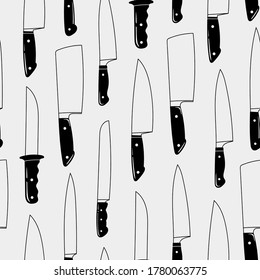 Varios Cuchillos. Formas diferentes. Juego de cubiertos. Utensilios de cocina. Vista lateral. Ilustración de vectores dibujada a mano. Un diseño simple y genial. Patrón cuadrado sin costuras. Antecedentes, fondo de pantalla. Perfecto para impresiones