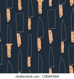 Various Knives. Different shapes. Cutlery set. Kitchen utensils. Side view. Hand drawn Vector illustration. Cool simple design. Square seamless Pattern. Background, wallpaper. Dark background