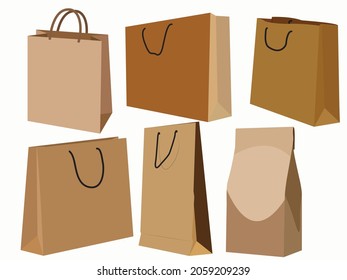 Various kraft paper bags isolated on white background, vector illustration eco-friendly bag.