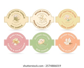 Various labels for cotton candles displaying distinct scents and designs, ideal for enhancing any room s ambiance. Each label highlights its unique fragrance and attributes.