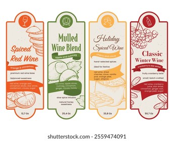 Various labels detailing spiced red wine, mulled wine blend, holiday spiced wine, and classic winter wine, highlighting ingredients like apple, nutmeg, and cranberry.